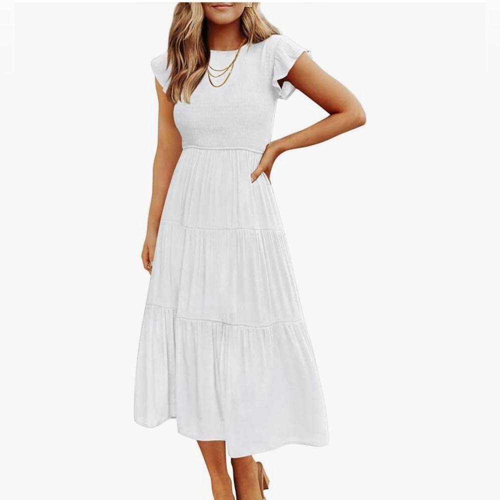 NEW- Zesica casual fluttered short sleeve crew neck tiered midi dress.